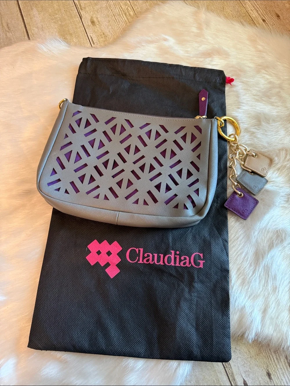 Claudia G Gray & Purple Cutout Leather Wristlet Pouch & Key Tag